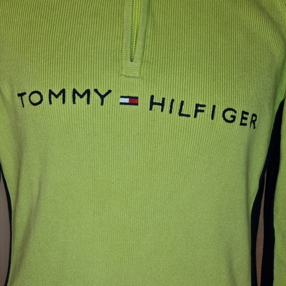 Tommy Hilfiger Mens Logo French Rib Quarter-Zip Green Cotton Sweater Size XL - Picture 7 of 10